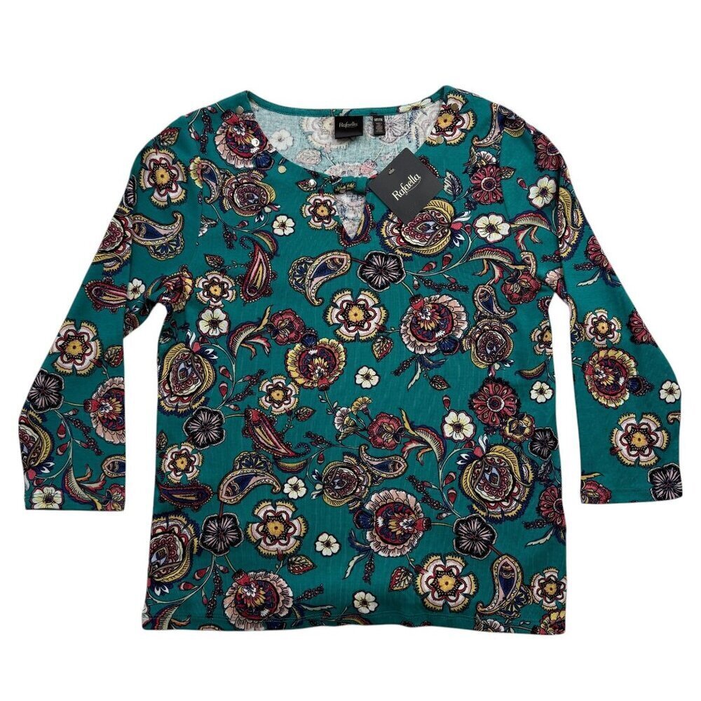 Rafaella Floral Paisley Keyhole Flat Stud Neck Cotton Top Teal Womens‎ PM NEW